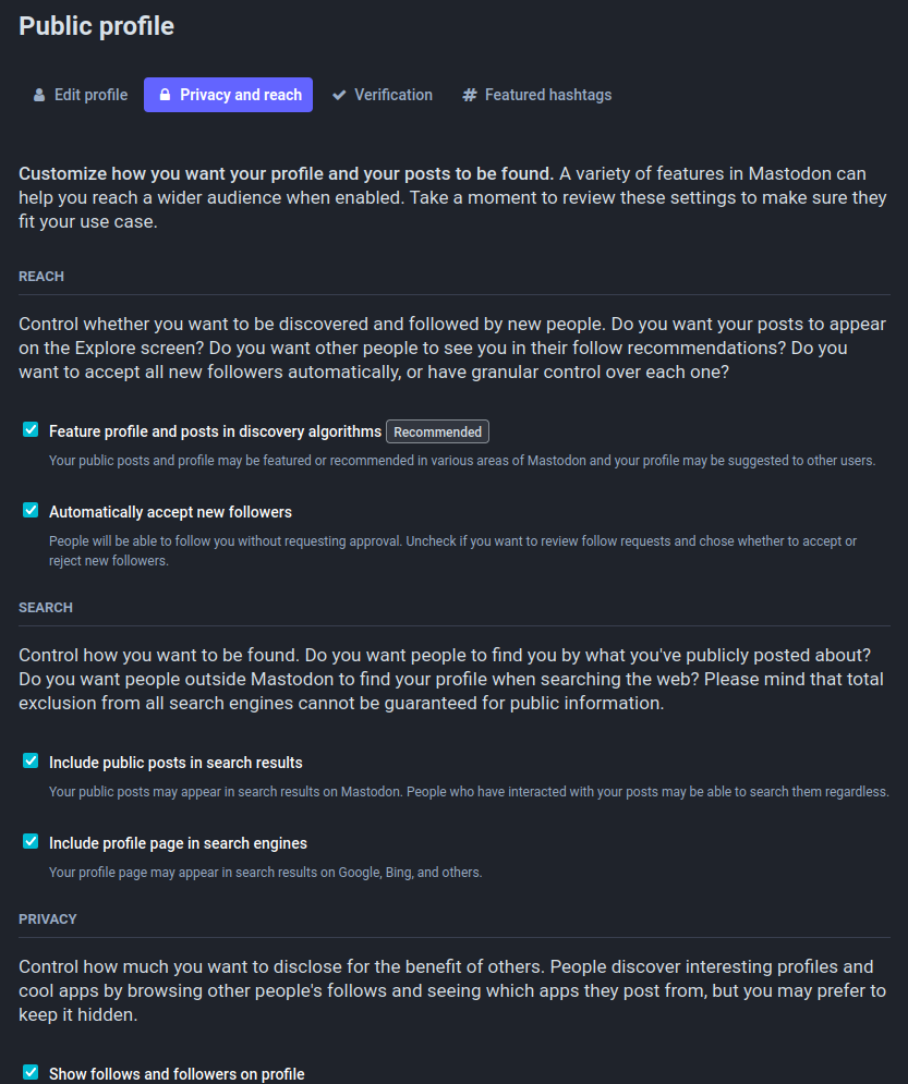 Screenshot : Public profile settings of mastodon